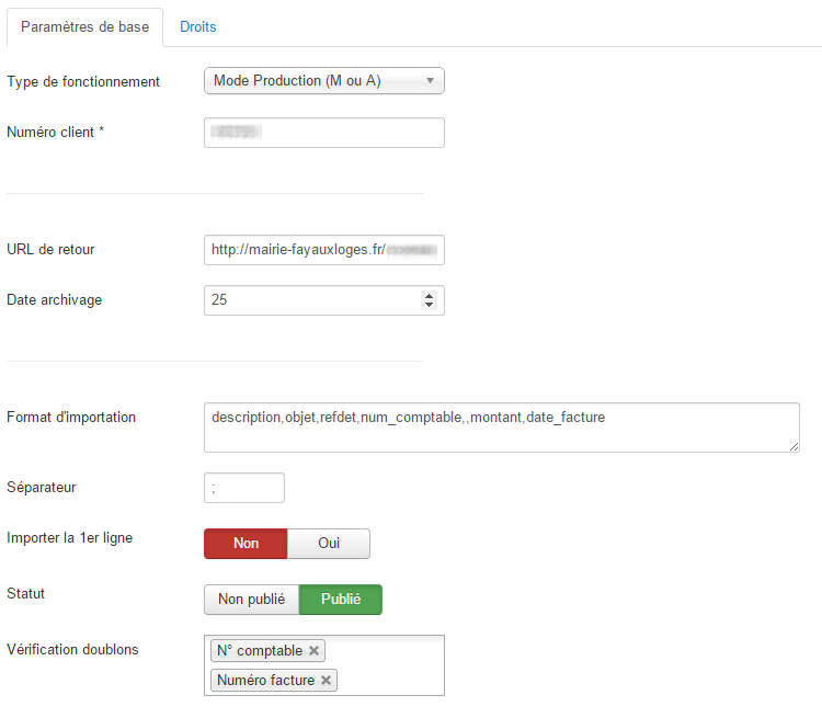 Paramètres TipiFP pour Joomla Vue des paramètres du composant TipiFP pour Joomla